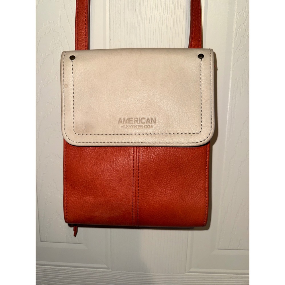 American Leather Co Crossbody Wallet Bag Burnt Orange Cream Leather A394633
